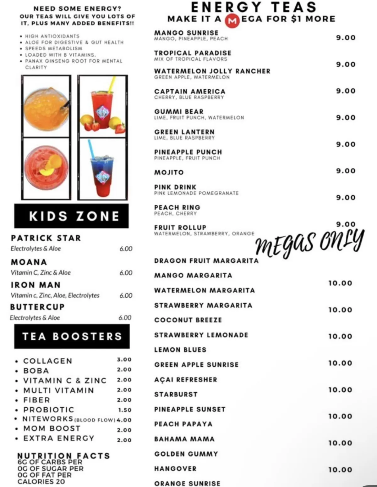 Canoe Creek Nutrition Menu