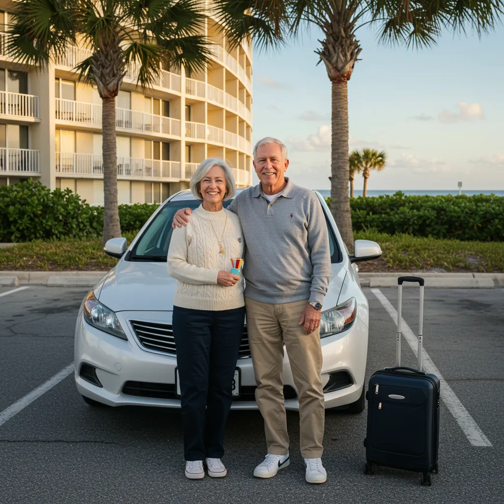 Snowbird couple with their monthly rental car at a Southwest Florida beachside condo