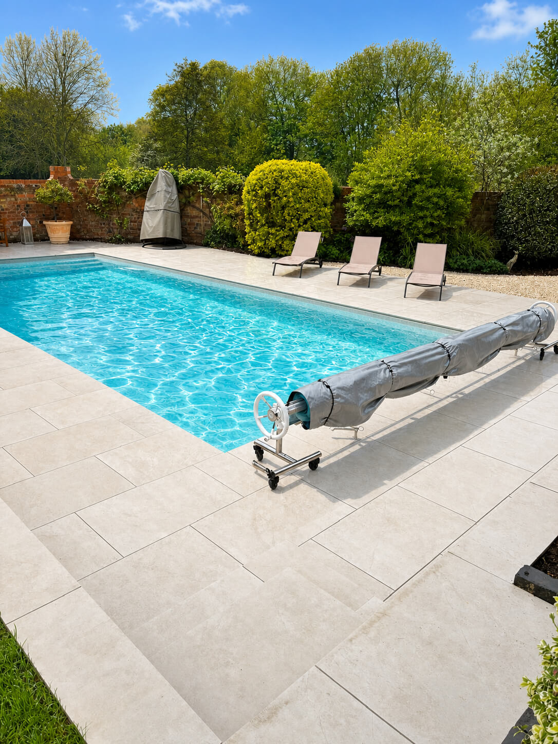 Modern outdoor swimming pool with light stone tiles, sun loungers, and landscaped garden shrubs on a sunny day.