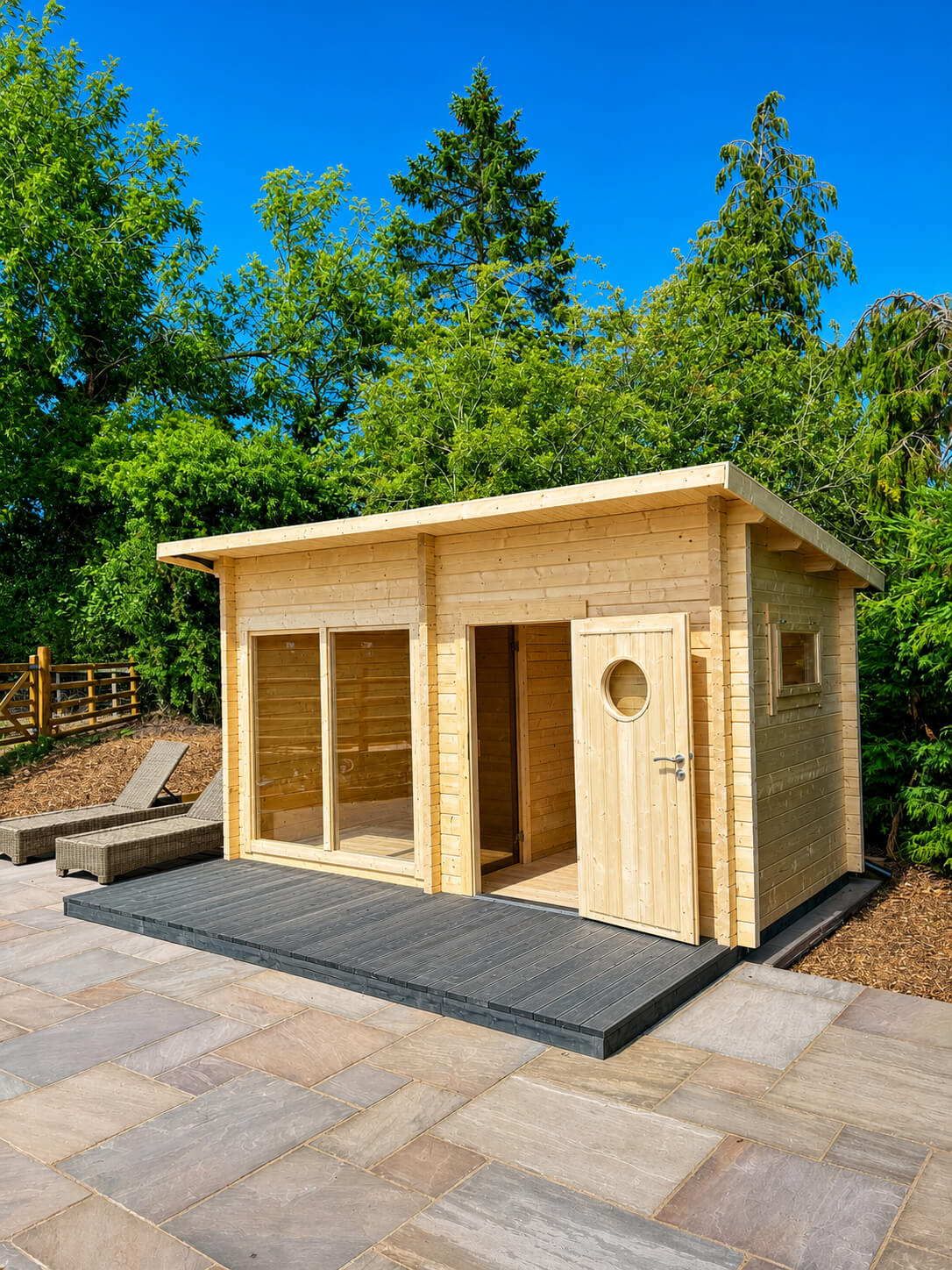 Light wooden two‑room summer garden house with a door and full‑height window, newly built on a dark slab base with trees behind.