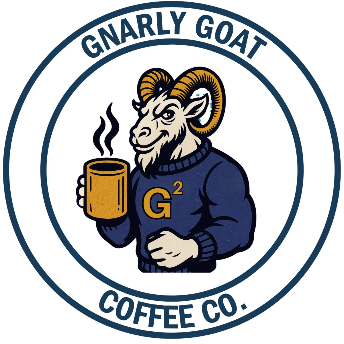 Old and Gnarly Goat holding a cup of coffee