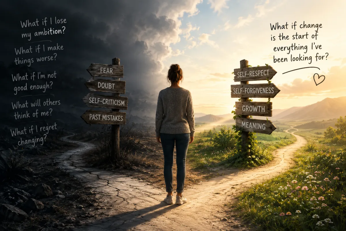 Image showing a person on crossroads between fear and courage