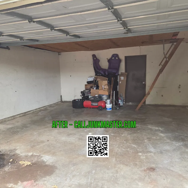 Garage interior showing clean and organized space after junk removal, with leftover items stacked against the wall, featuring a QR code and text promoting Junk Master's services.