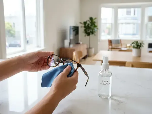 Professional cleaning modern eyeglasses with microfiber cloth and lens cleaning solution demonstrating proper eyewear care