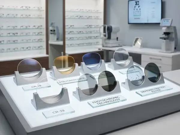 Variety of eyeglass lens materials and options displayed for selection at optometry office showing different technologies