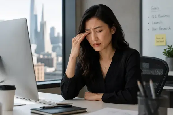 Professional woman in San Francisco experiencing frustrating eye twitching eyelid spasm while working at computer in modern office
