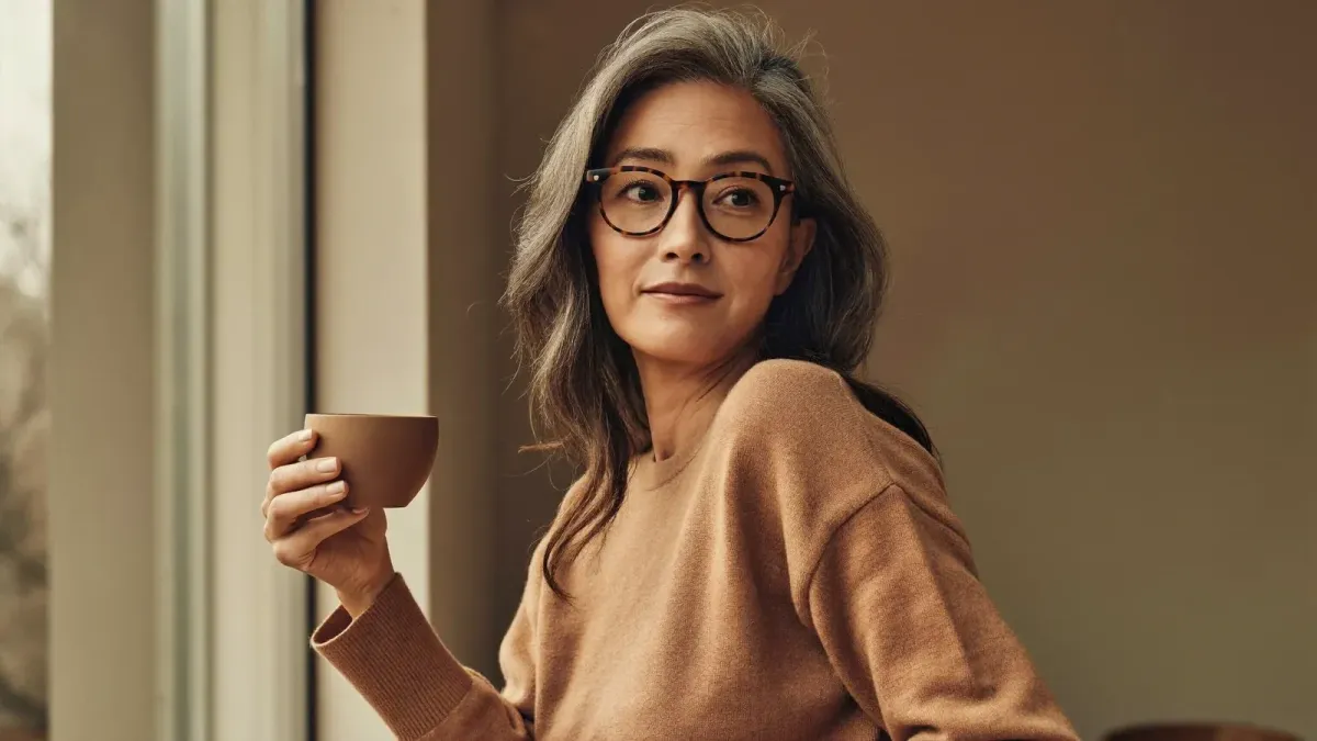 Woman in her fifties wearing eyeglasses, seated by a window in natural light