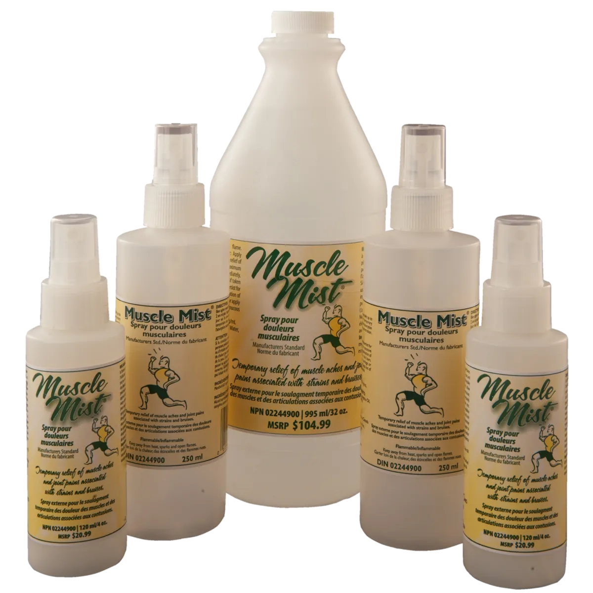 Four Muscle Mist spray bottles of different sizes grouped together inside a white arch shape with a '25+ years in business' badge