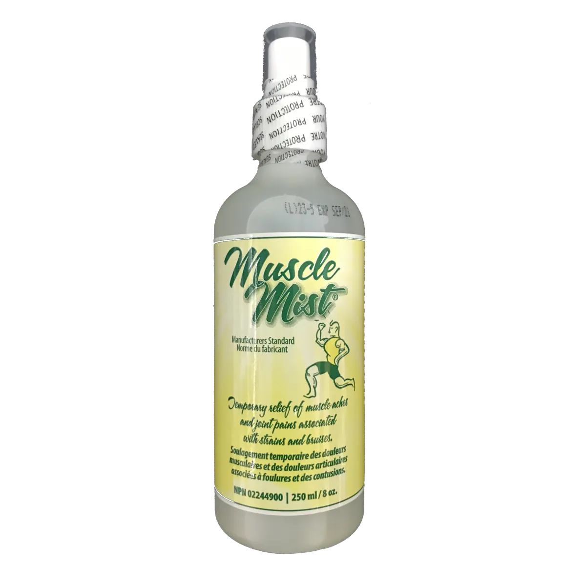 Single 250ml Muscle Mist spray bottle standing upright inside a white arch shape