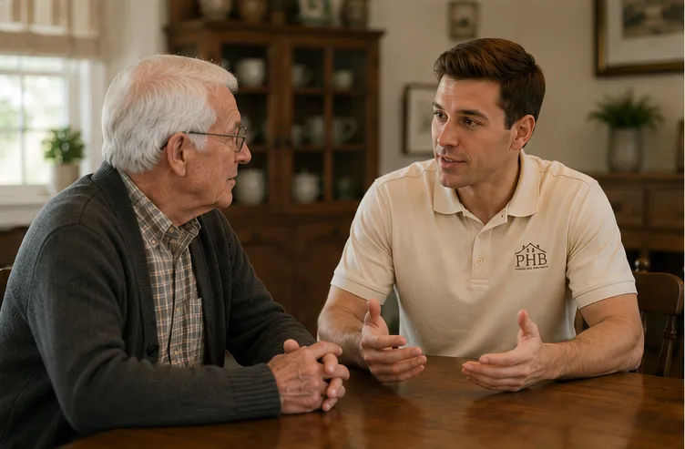 Homeowner reviewing a written cash offer with a professional at a table