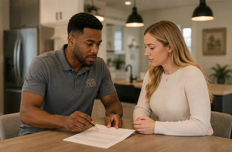 Homeowner reviewing a written cash offer with a professional at a table