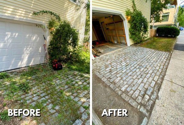 Before and after photo showing overgrown weeds removed from a gray brick driveway