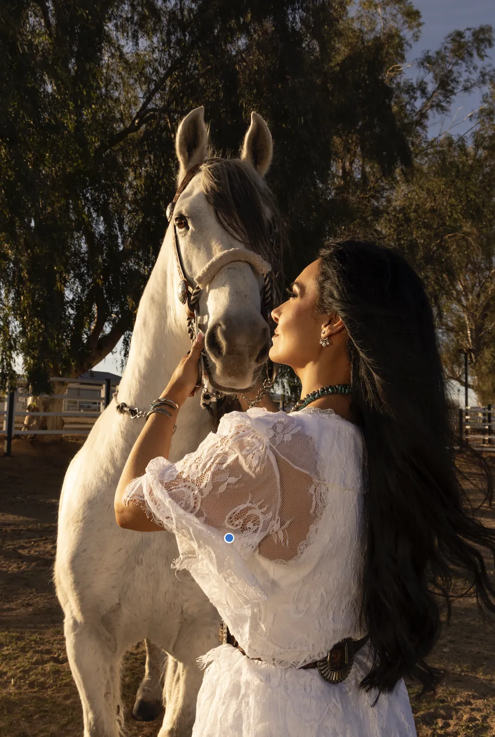 A guest gently brushing a horse during a private stable tour at Belmontez Equestrian Estates