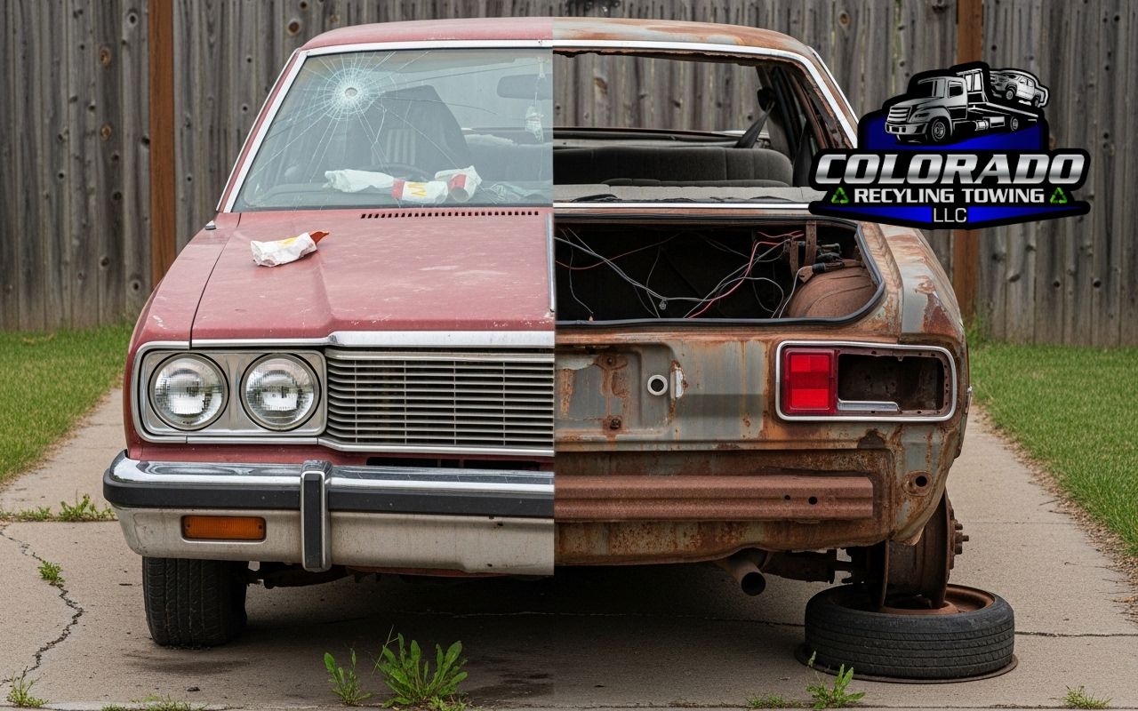 Difference between junk and scrap car with a stripped metal vehicle shell