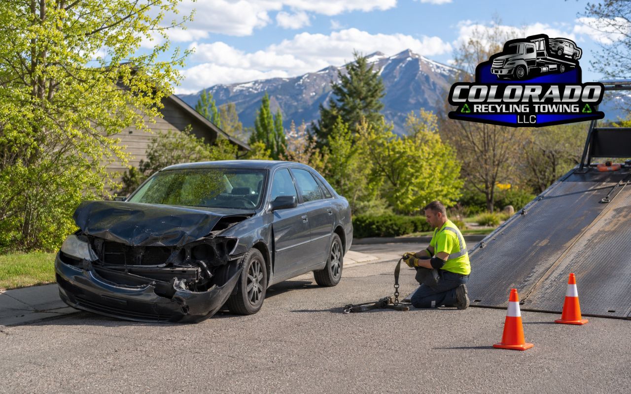 Junk car after accident ready for safe pickup in Colorado