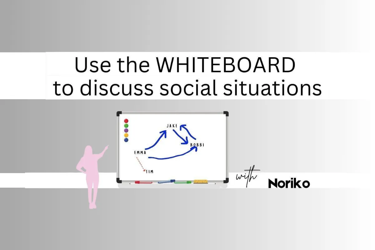 Parent using the whiteboard to discuss and teach how to navigate complex social situations