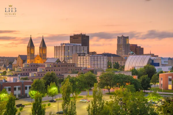 Akron-Canton Ohio skyline at sunset, LH3 limo and airport transportation services"