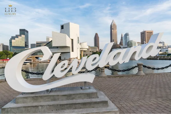 Cleveland Ohio skyline with city sign, LH3 luxury transportation and limo service