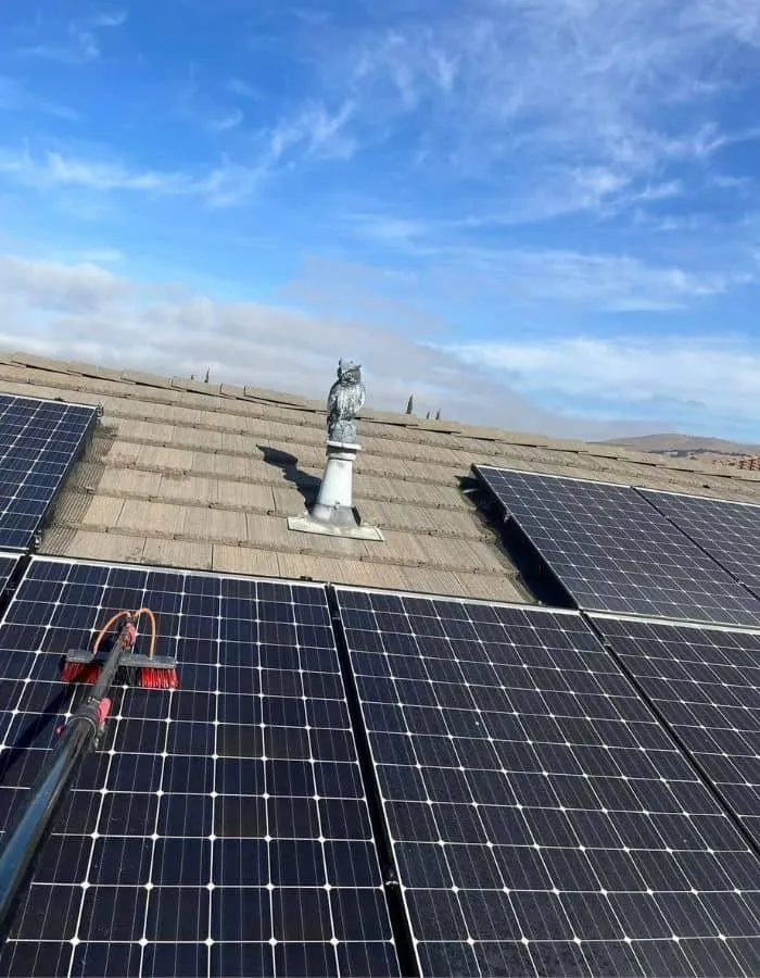 Solar panel cleaning technician on residential roof purified water system Solano County Teodor Window Solar Cleaning