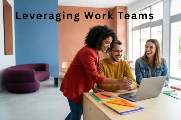 three people working together around a laptop with the caption leveraging work teams