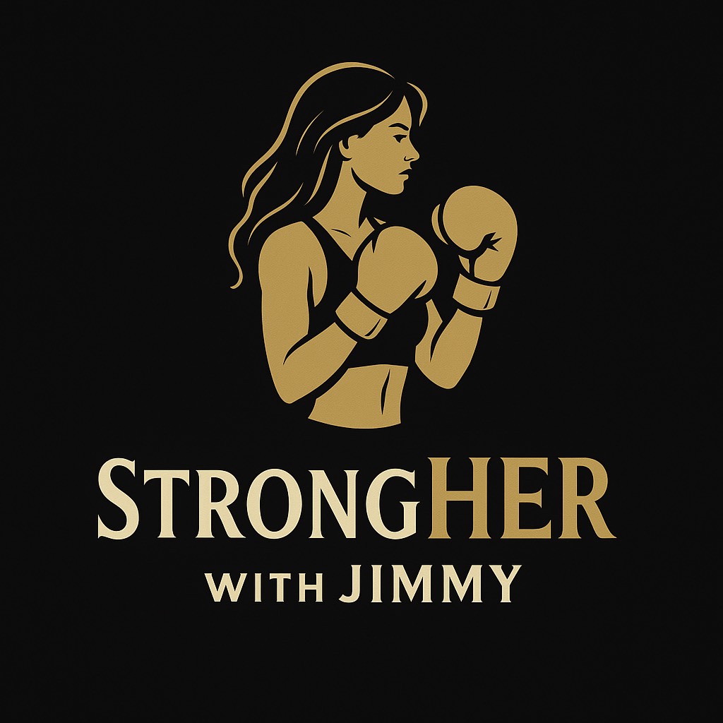 A determined woman in gold boxing gloves, mid-punch, in a dramatic gym setting with bold lighting and a confident stance, representing empowerment and strength.