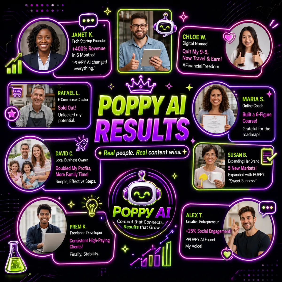 A vibrant digital illustration showing a diverse group of people—young hobbyist, mid-career creator, and business professional—collaborating around a glowing AI-powered content dashboard, with dynamic charts and creative icons, set in a modern, open workspace with soft blue gradients.