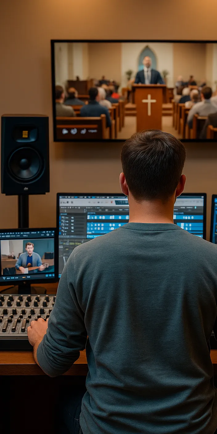 Audio engineer mixing a broadcast mix for live event