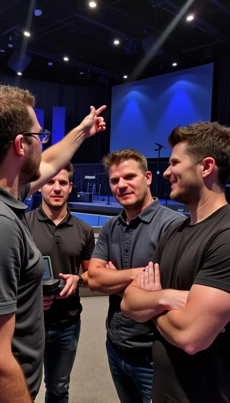 Audio engineer reviewing signal flow and system layout during a church sound assessmen