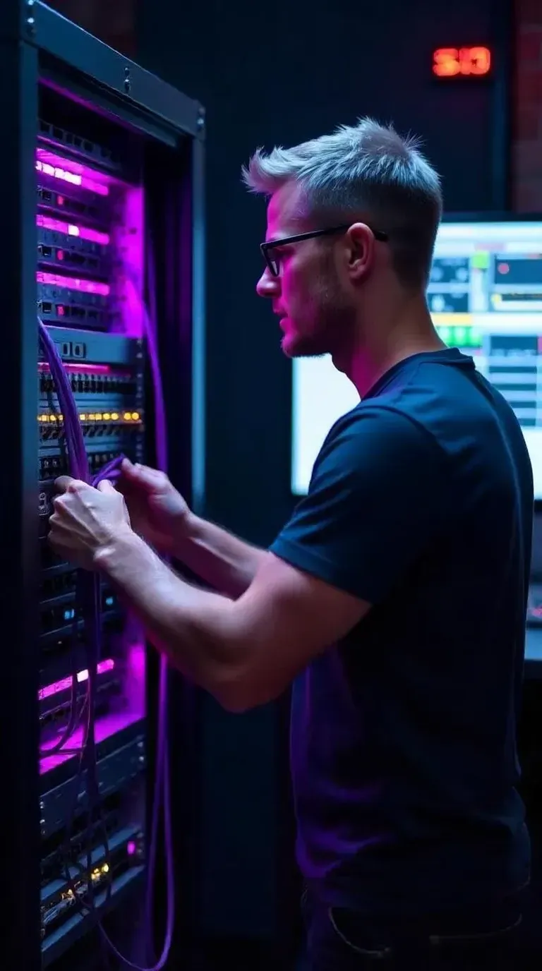 Technician evaluating rack-mounted gear during church audio upgrade consultation