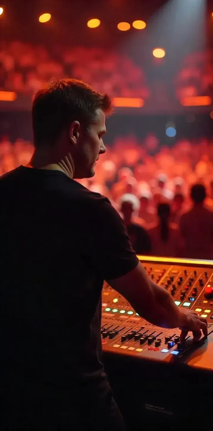 Audio engineer operating front of house console in a large church venue