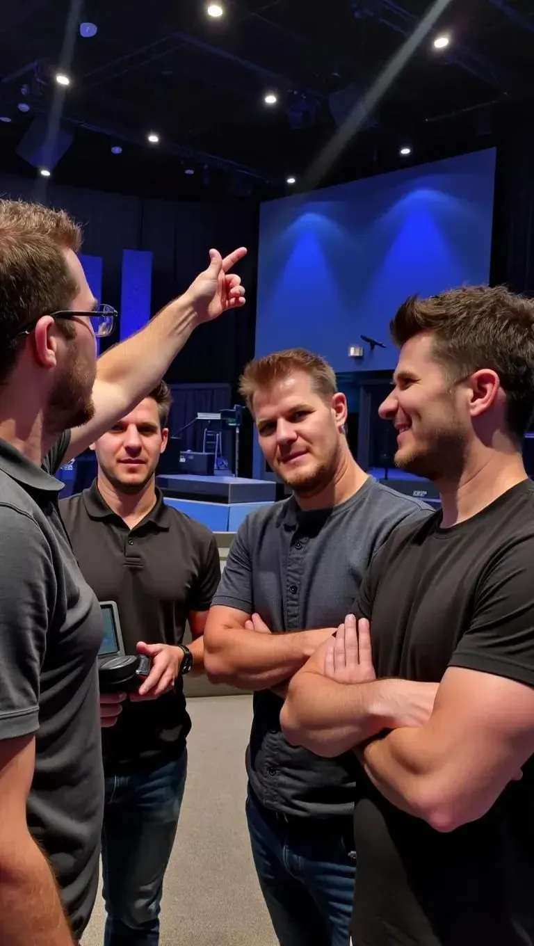 Audio engineer reviewing signal flow and system layout during a church sound assessmen