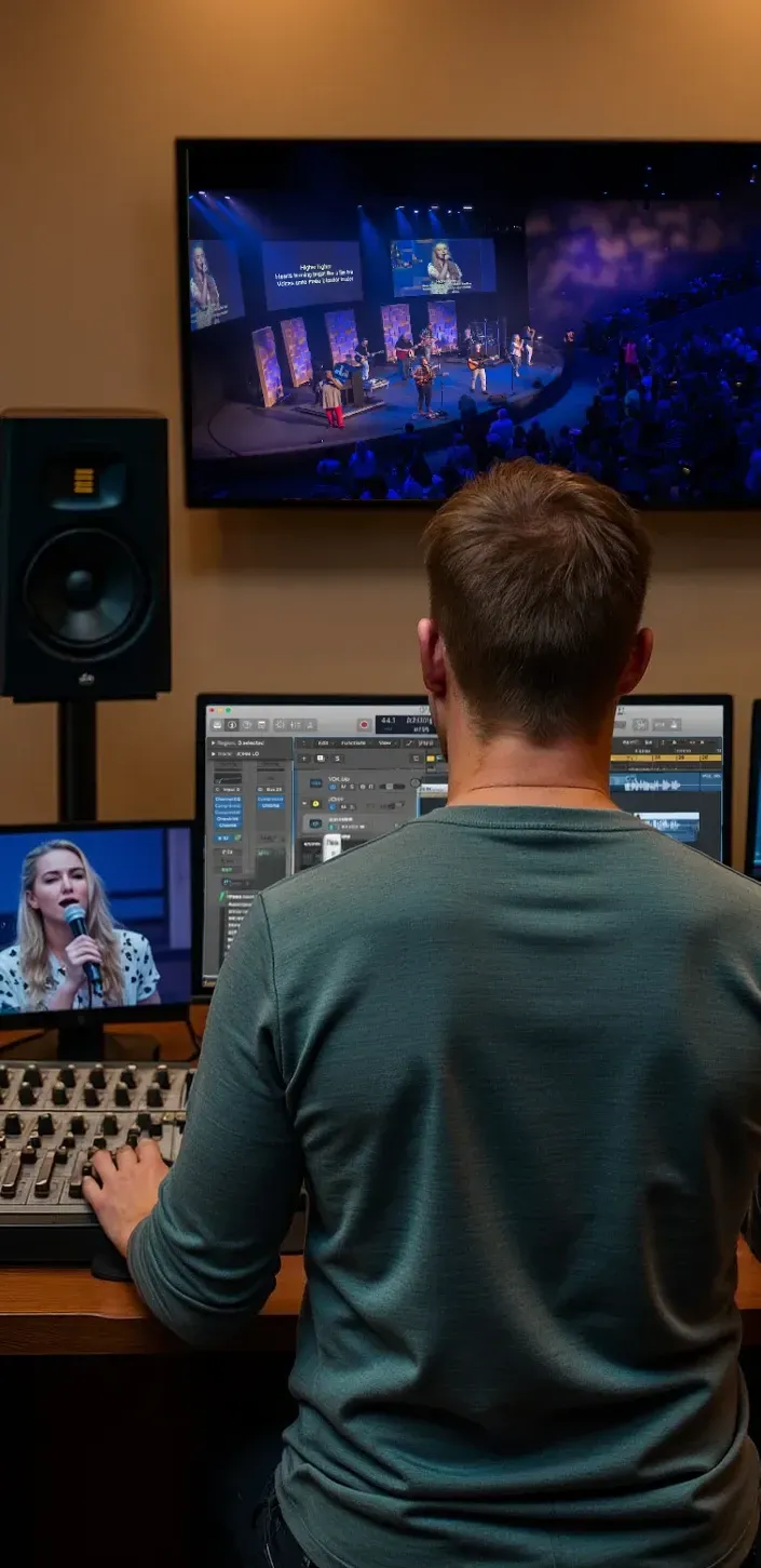 Audio engineer mixing a broadcast mix for live event