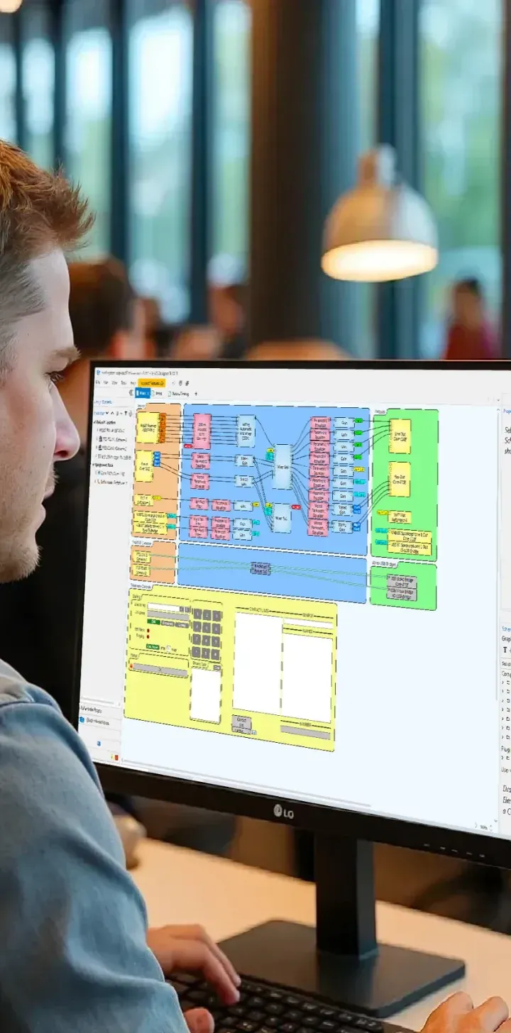 Audio engineer reviewing signal flow and system layout during a church sound assessment