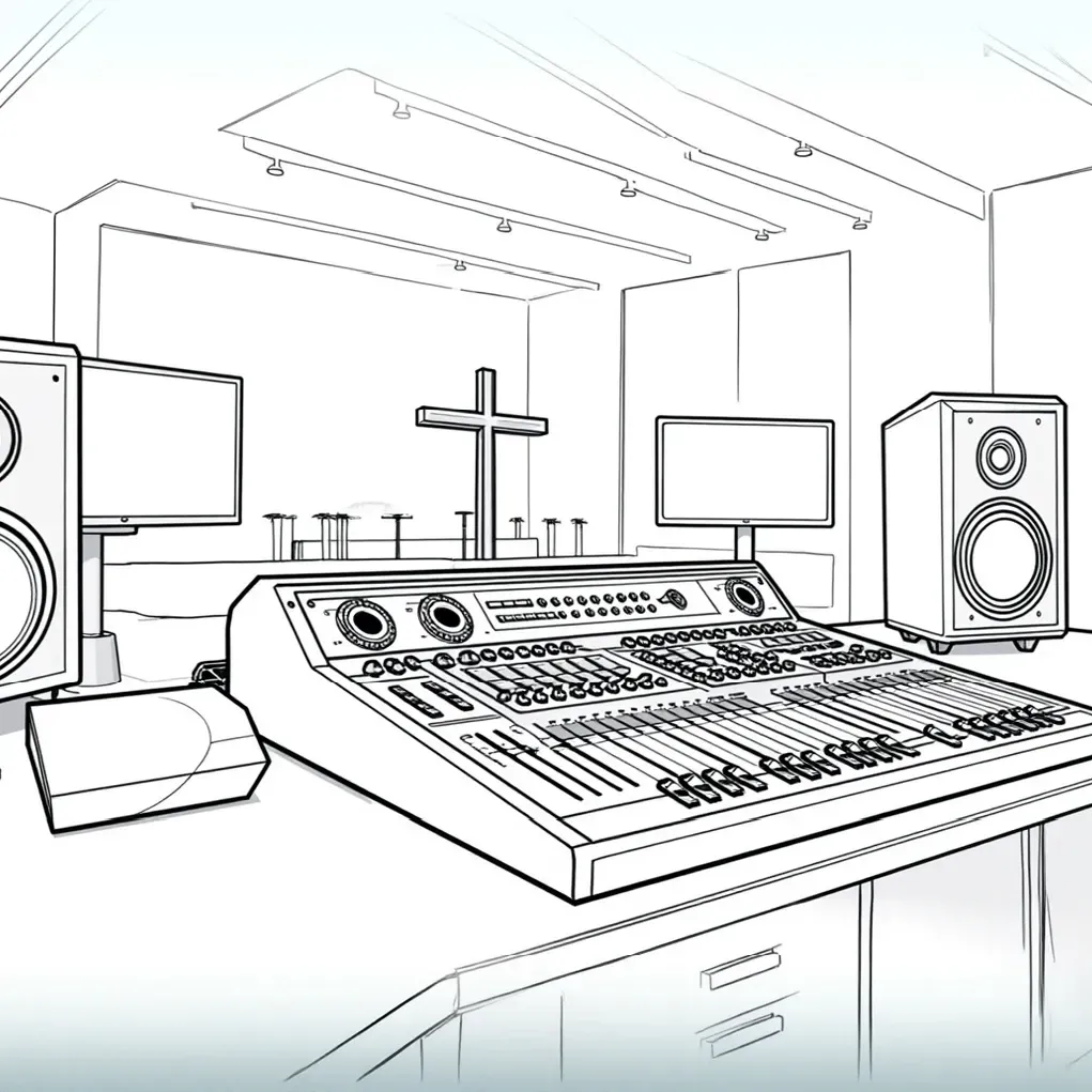 image of a audio mixer on a desk with stereo monitors