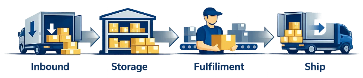 3PL fulfillment process diagram showing inbound receiving, warehouse storage, order fulfillment, and shipping steps