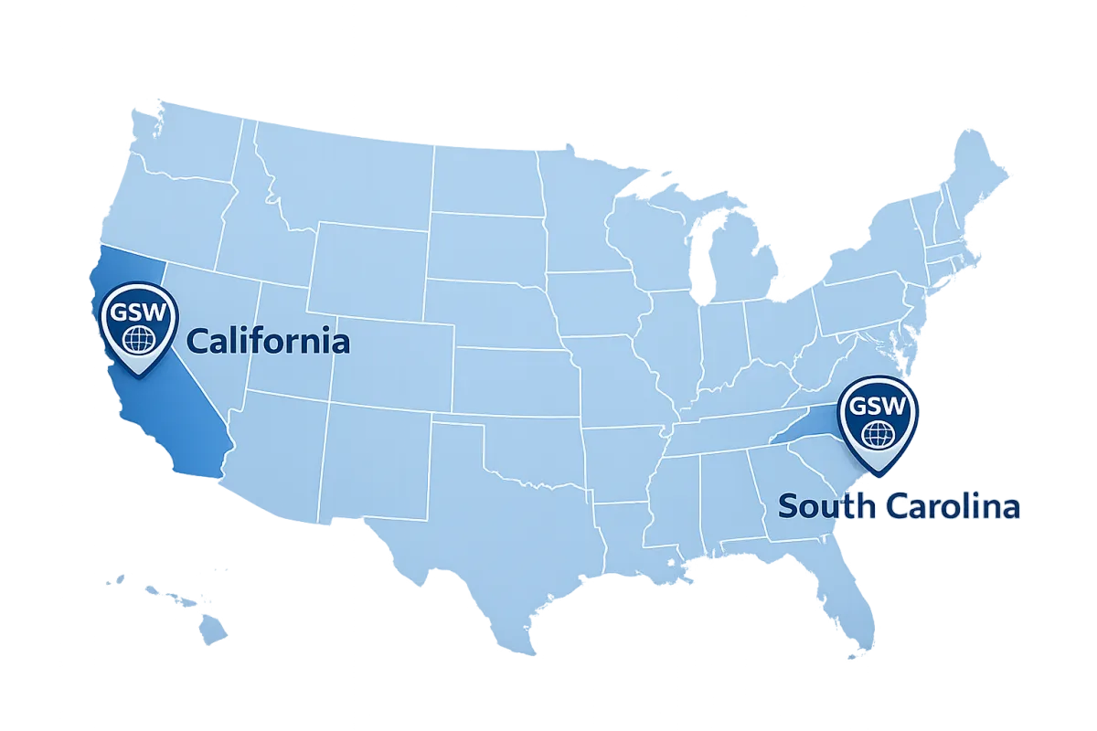 Map of United States showing GSW 3PL warehouse locations in Oxnard California and Orangeburg South Carolina