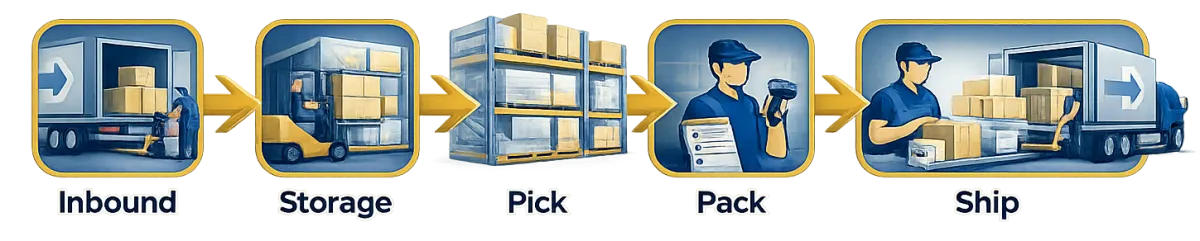 eCommerce fulfillment process diagram showing inbound receiving, storage, order picking, packing, and shipping steps