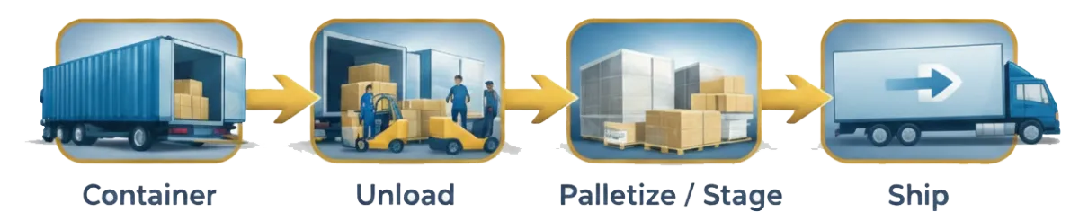 Port logistics process diagram showing container receipt, unloading, palletizing, staging, and shipping workflow