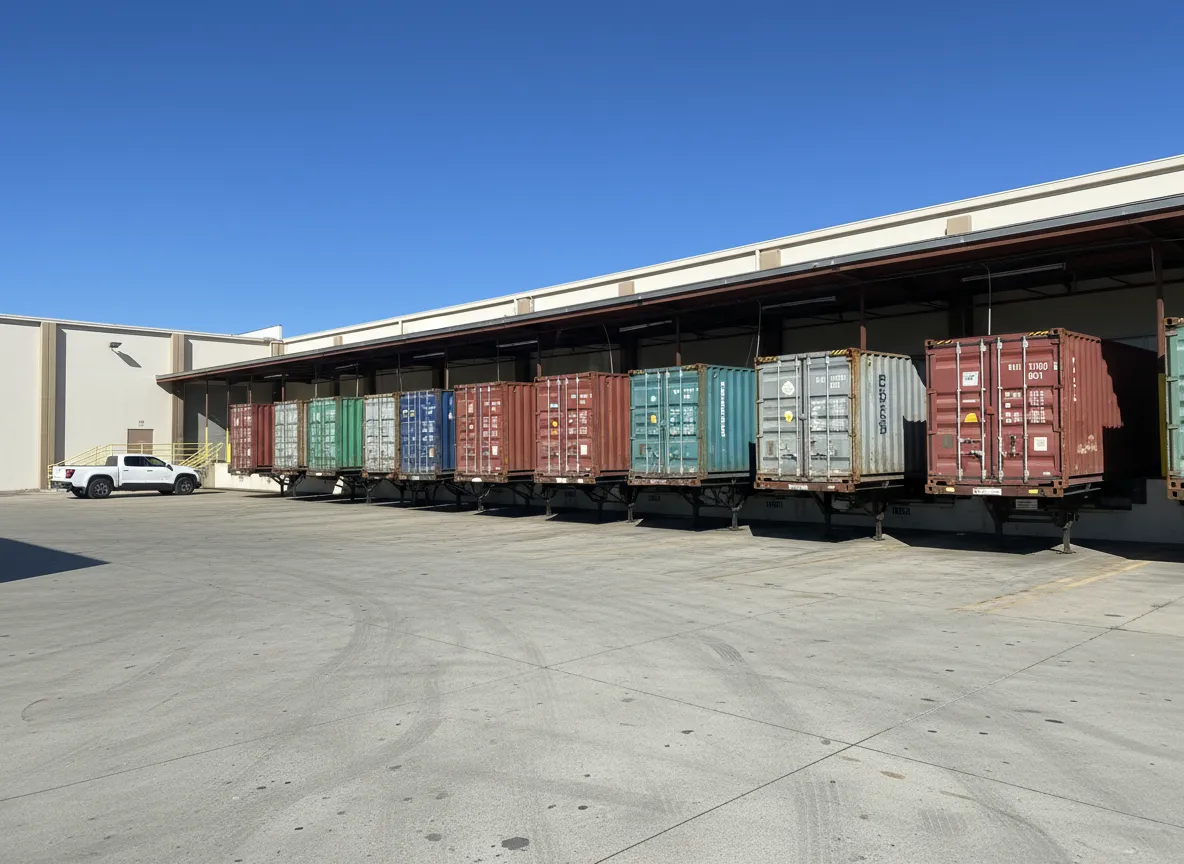 Multiple shipping containers staged at GSW 3PL warehouse loading docks — container transloading and port logistics near Southern California ports