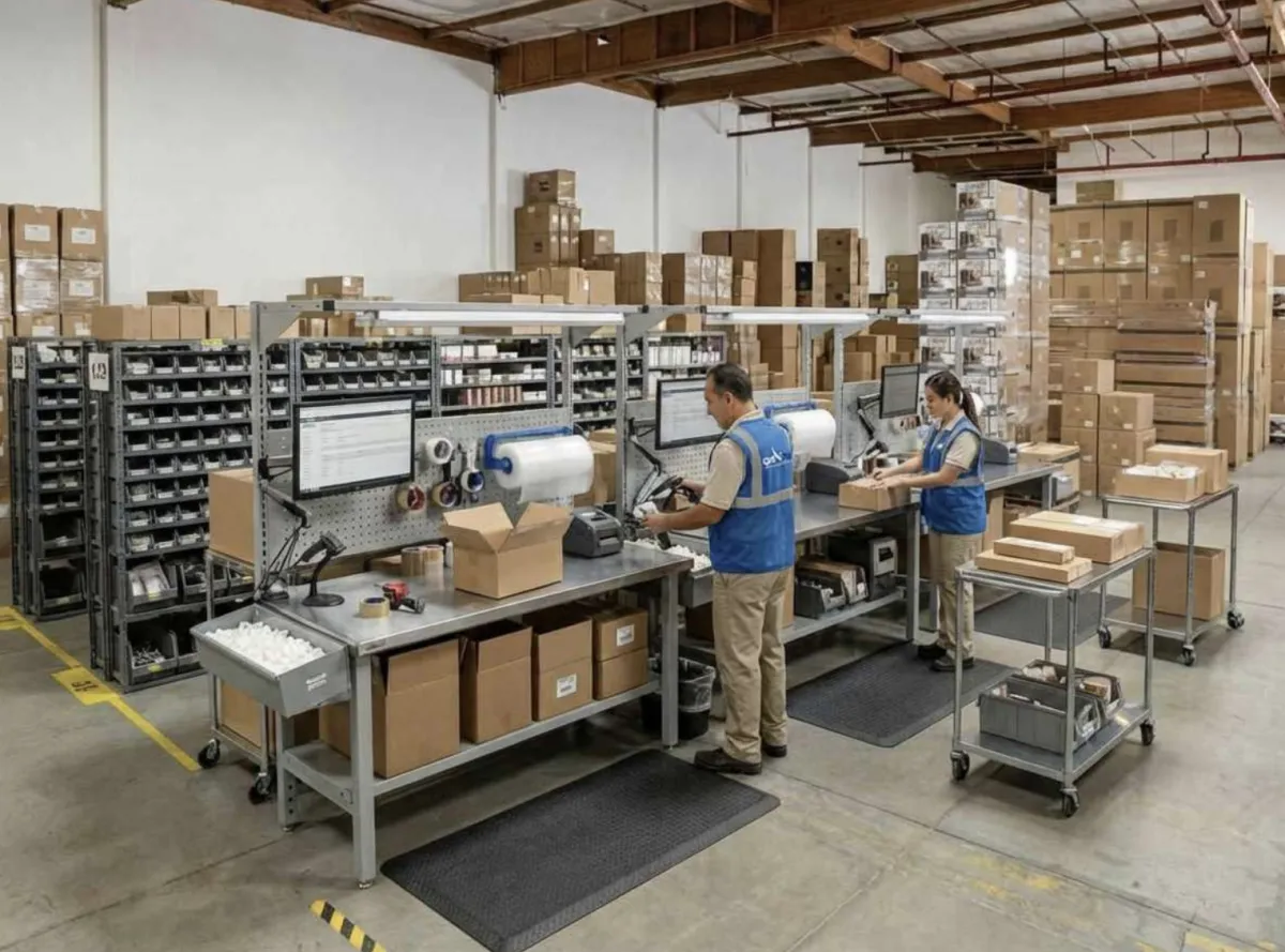 GSW 3PL pick and pack fulfillment team processing eCommerce orders at dual workstations