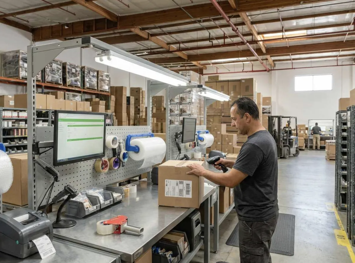 GSW 3PL warehouse worker at pick and pack fulfillment station with barcode scanner and shipping supplies