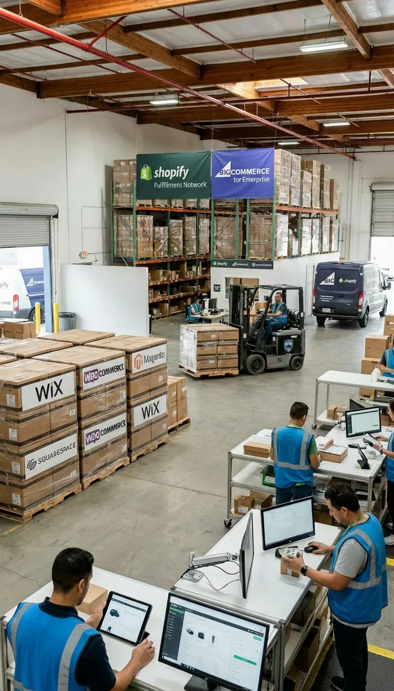 GSW 3PL eCommerce fulfillment warehouse showing pick-pack team, forklift operations, and Shopify WooCommerce Wix Magento platform support