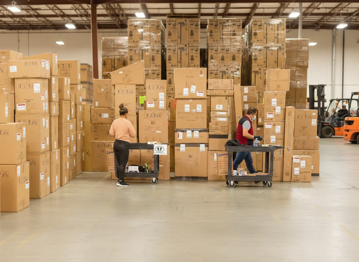 GSW 3PL warehouse associates picking and processing inventory among palletized cartons in Oxnard California 3PL facility