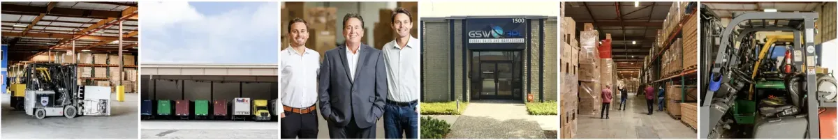GSW 3PL facility collage showing warehouse operations, loading docks, executive team, and Oxnard California headquarters