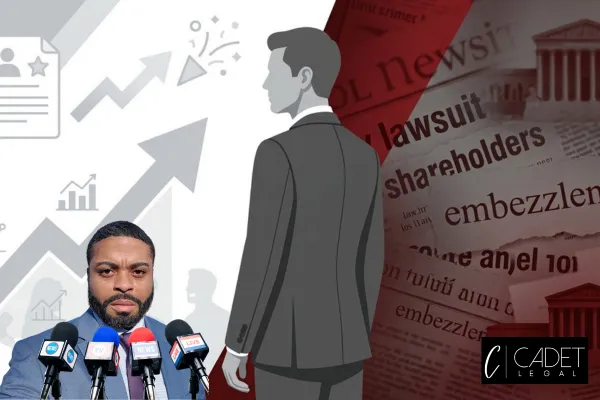 a red white and gray image of a business man in the background facing allegations and Denzel Cadet in the foreground in front of a press conference podium