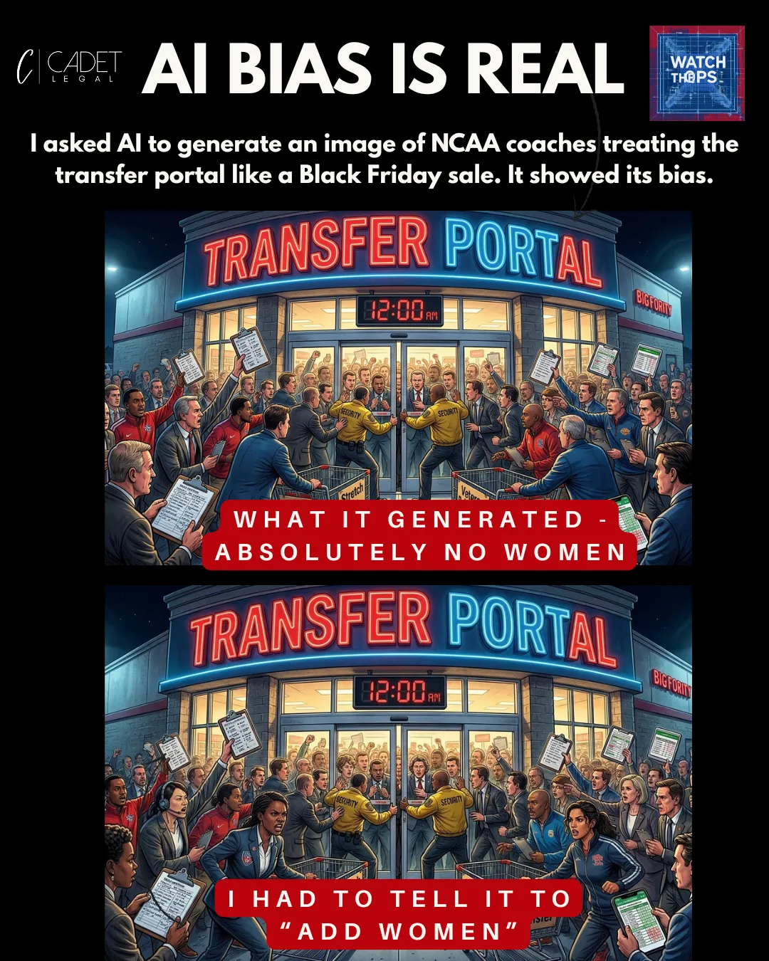 Two AI-generated images, one on top of the other, in shades of red, blue, black, and tan depicting college athletic professionals clamoring for the transfer portal. the top image features no women. 