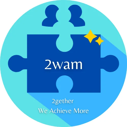 2wam company logo blue circle with jigsaw puzzle piece in centre. 2wam stands for together we achieve more.