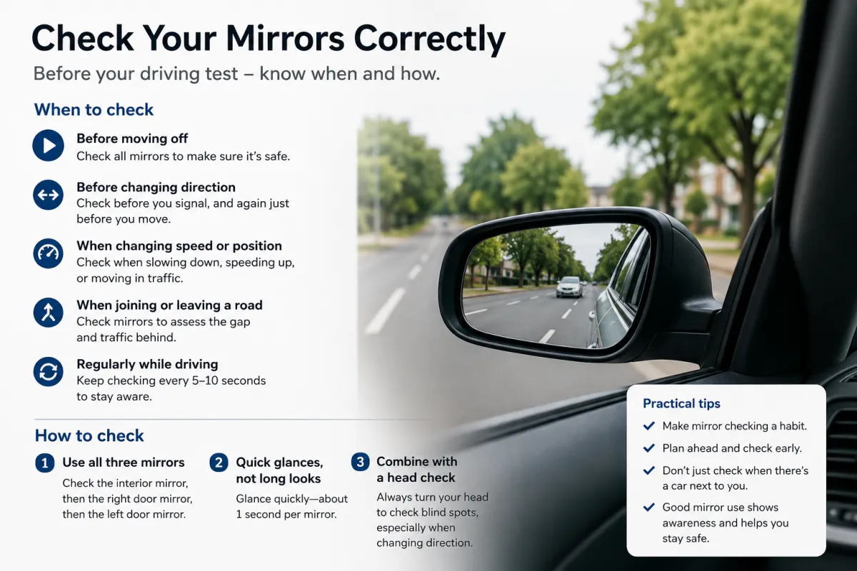 Learner driver checking mirrors during a manual driving lesson