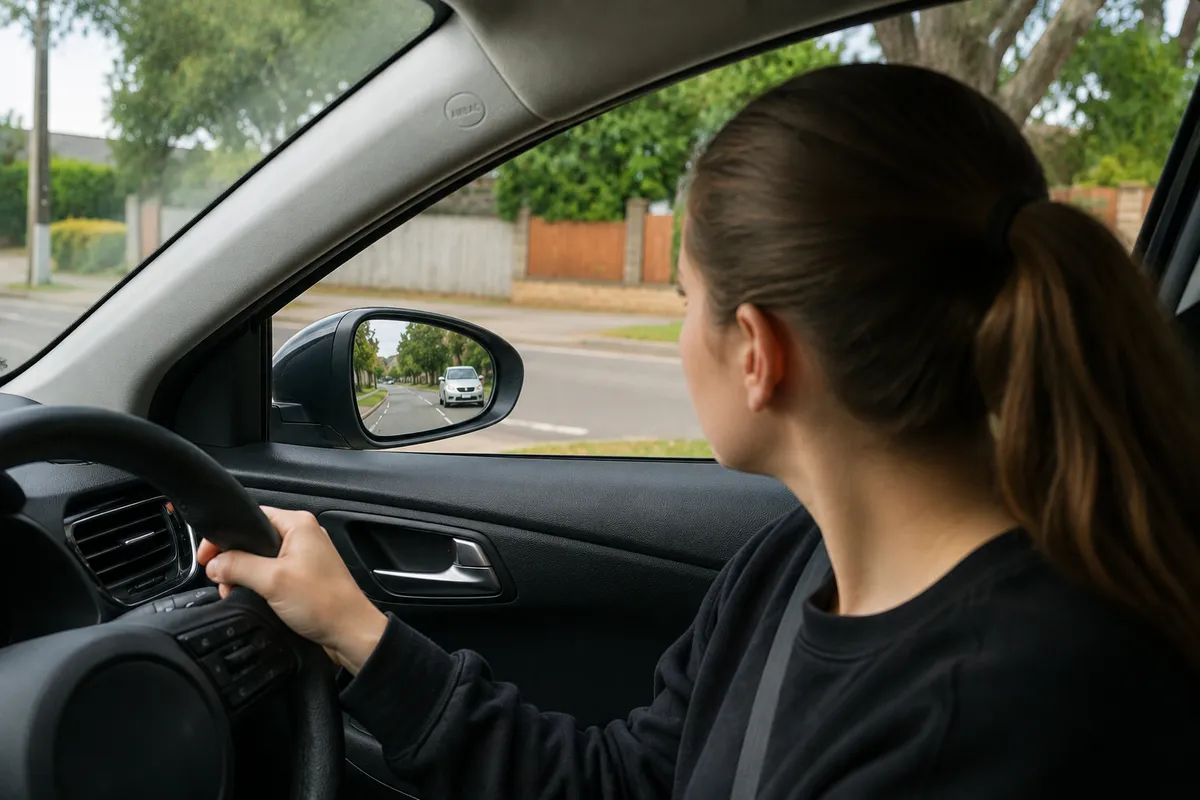 Learner driver practising a reverse parking manoeuvre with Kev's Driving School.