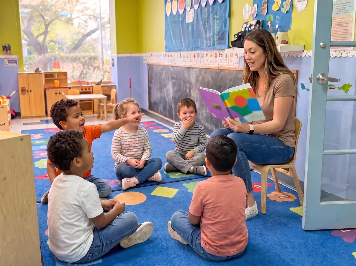 Teacher reading to children at circle time at Sunny Cove Preschool in Oceanside